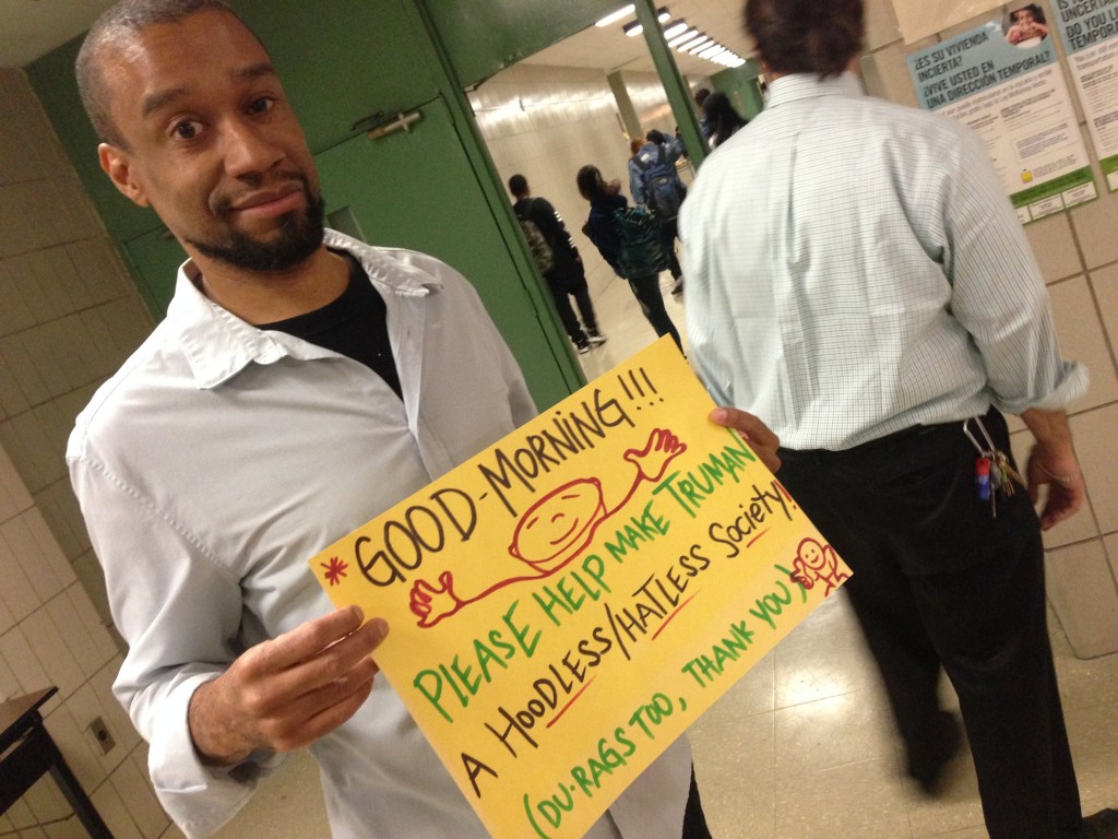 Mr. Lewis greets students with his comical signs each morning during 2nd period.