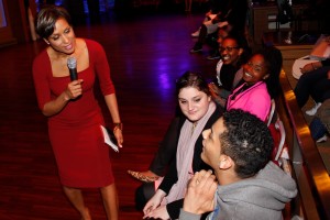 Freshman Andri Peña uses sign language to tell Eyewitness News anchor Sade Baderinwa about his favorite workshop.  Translator Veronica Stahele looks on. (Photo: D. Roush)