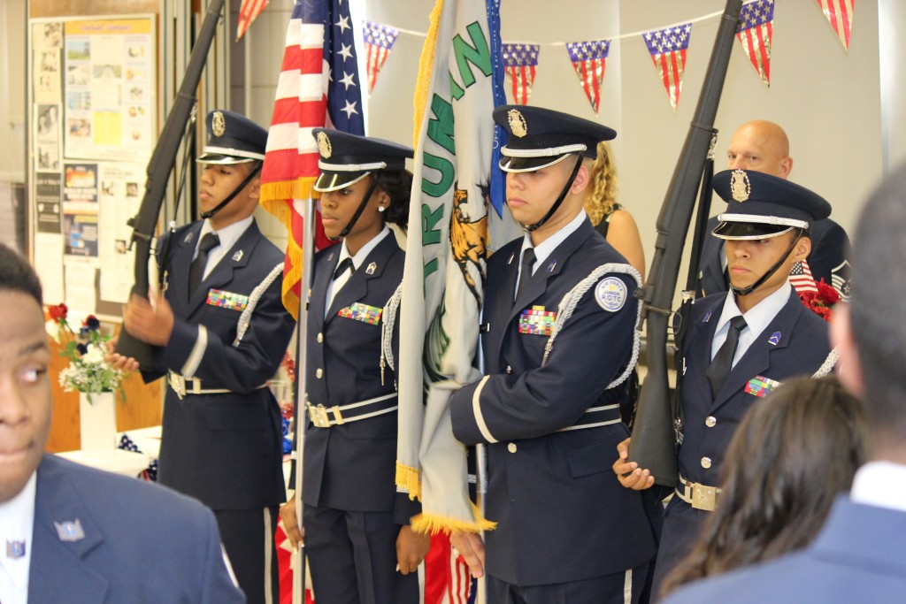 The Air Force ROTC color guard stands at attention during the opening ceremony of the Dining Out and Military Ball.