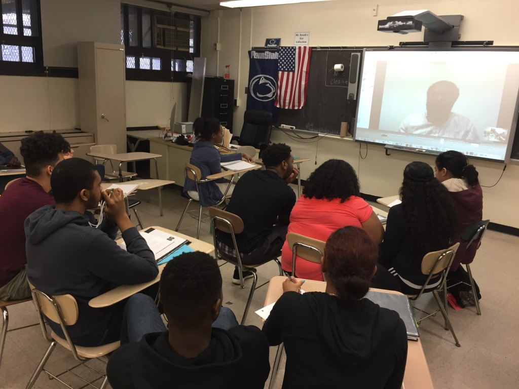 Juniors in the Media Program ask questions of Penn State Researcher and Doctoral Candidate Steven Bien-Aimé during a recent unit of study on social media.