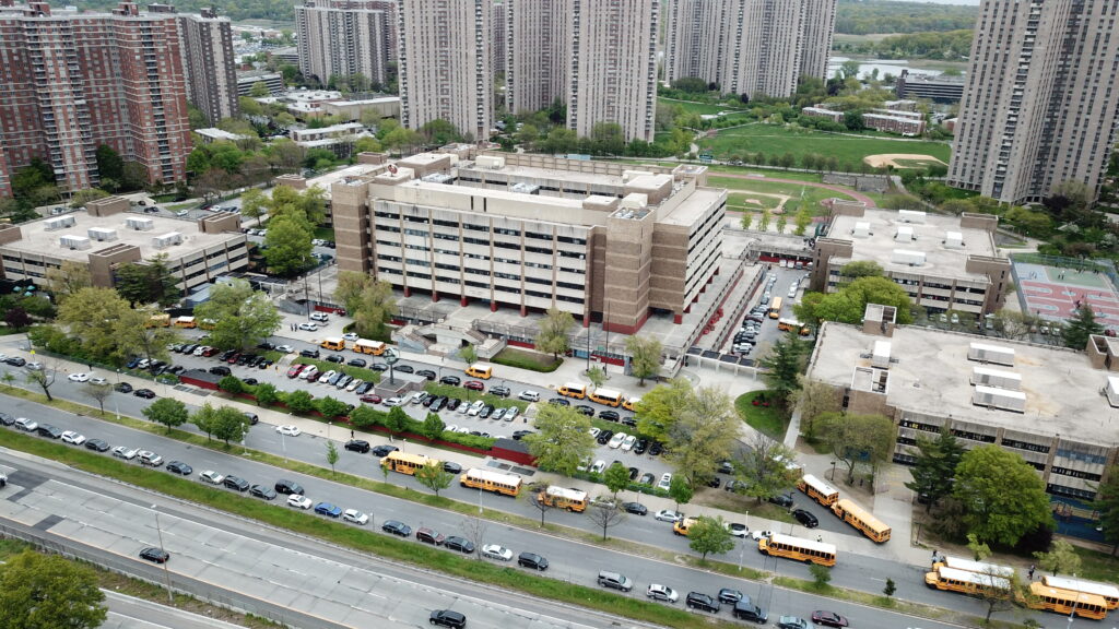 Aerial view of Harry S Truman High School and its parking lot