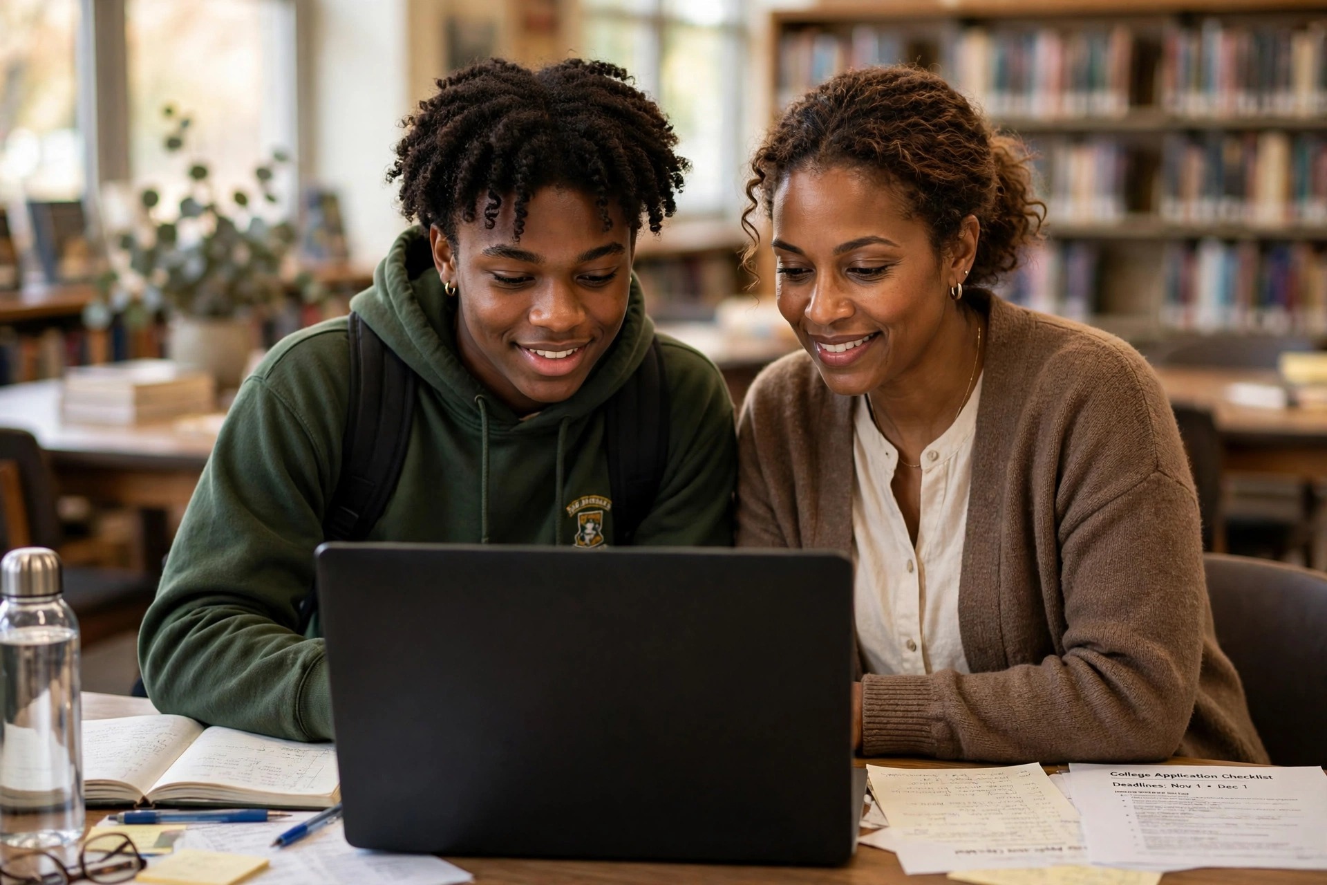A Truman senior and parent working on a laptop together