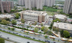 Aerial view of Harry S Truman High School and its parking lot